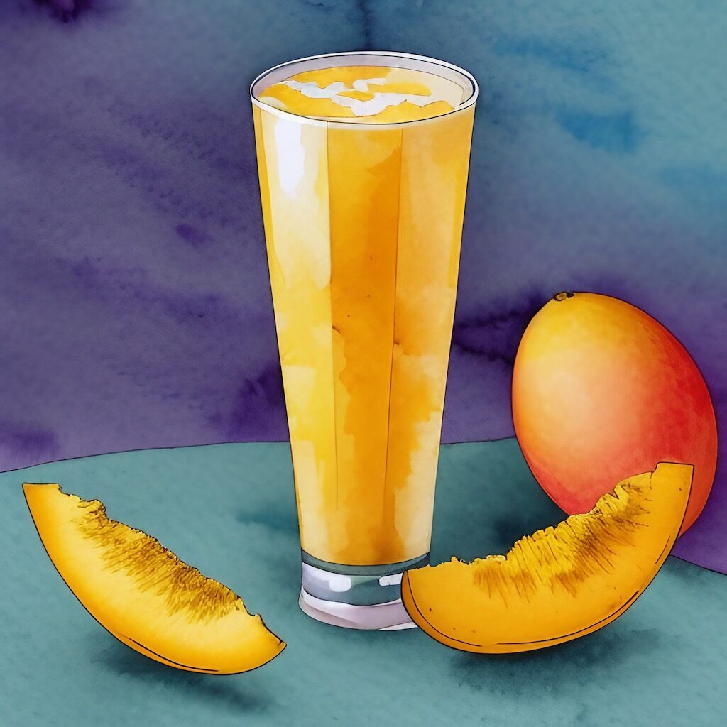 Glass of Mango Lassi with an uncut mango and a couple of slices of cut mango